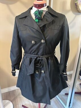 Camo Black Double-Breasted Trench Coat with Waist Tie